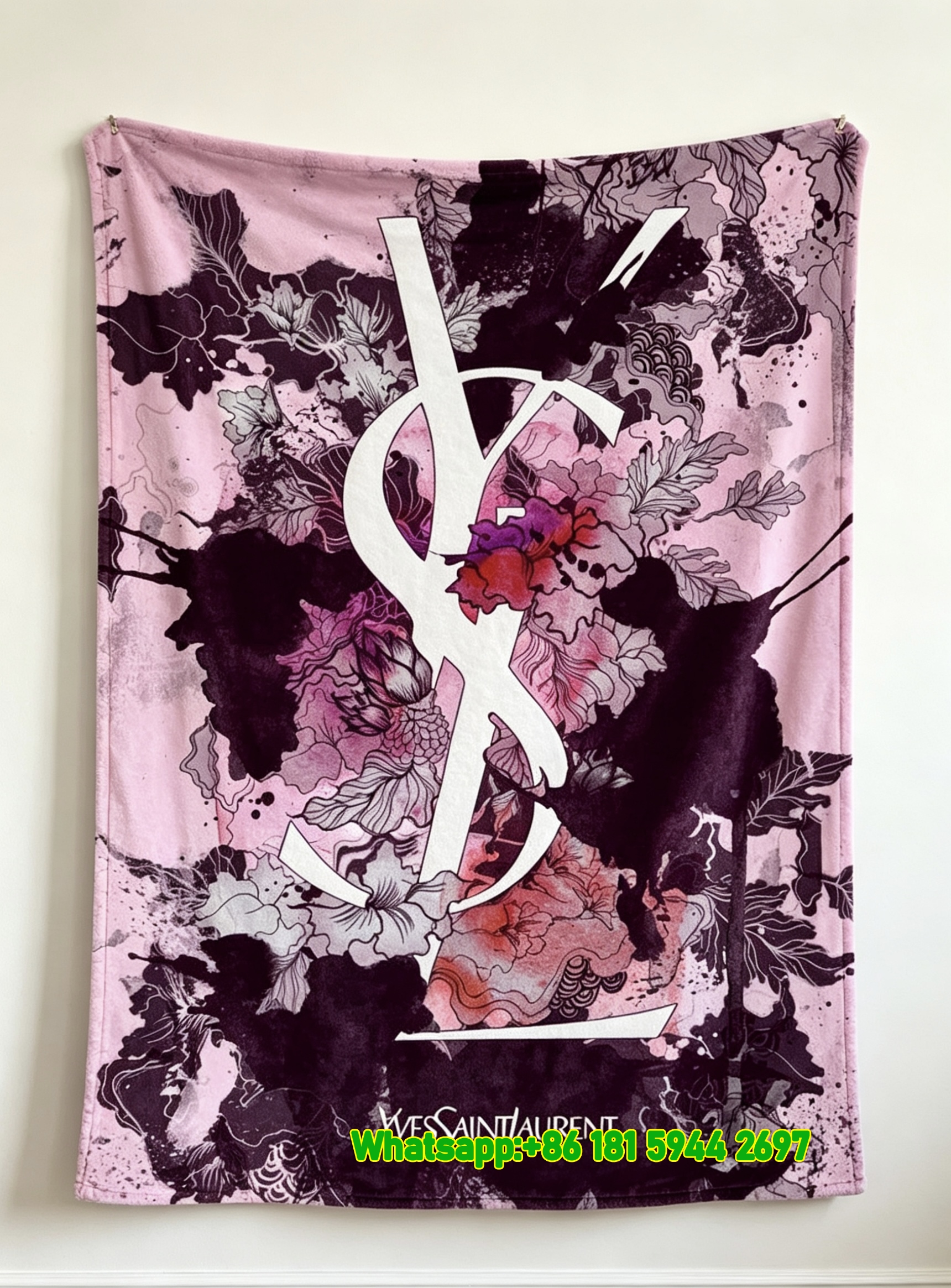 Yves Saint Laurent YSL Pink Floral Watercolor Art Printed Fleece Throw Blanket IMG_3214